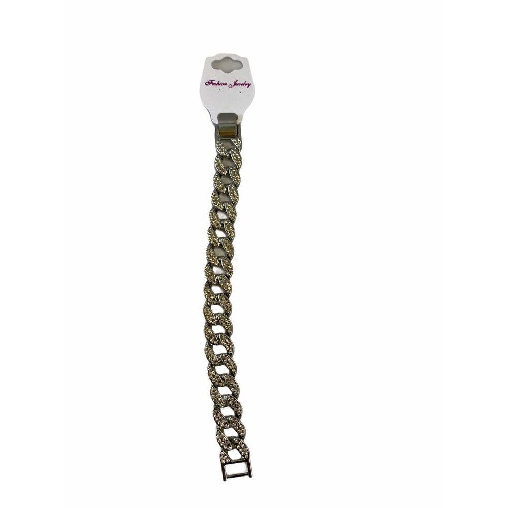 Inlaid Crystals Thick Cuban Chain Bracelet 7in Silver Tone‎ Alloy & Rhinestones